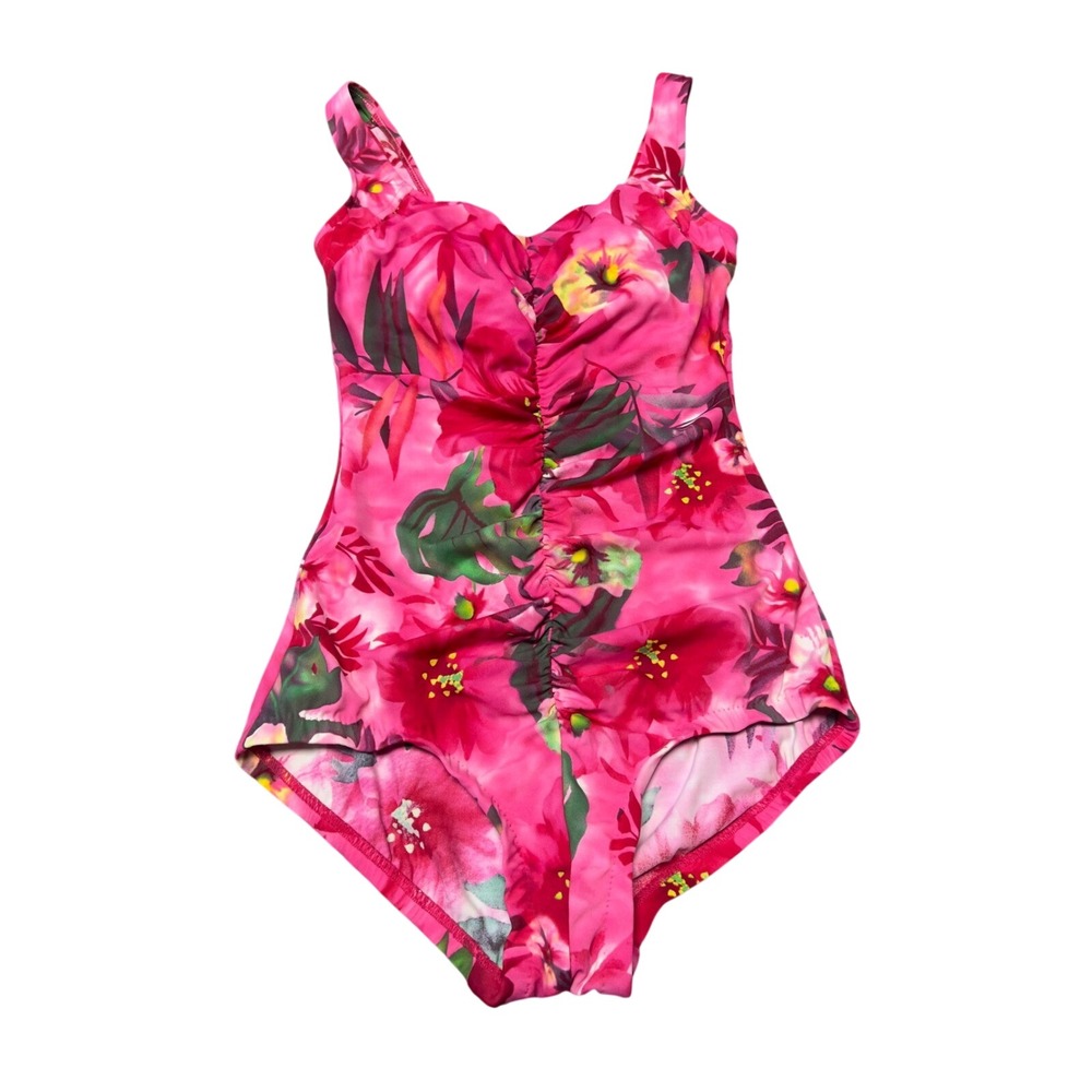 Le Cove Pink Tropical Floral Ruched One Piece Swimsuit Size 14 Sweetheart Neck